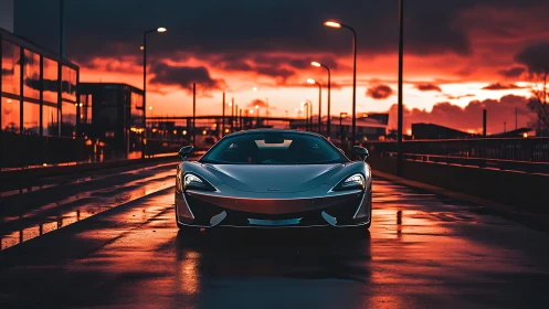 Supercar front view under dramatic sunset urban lighting