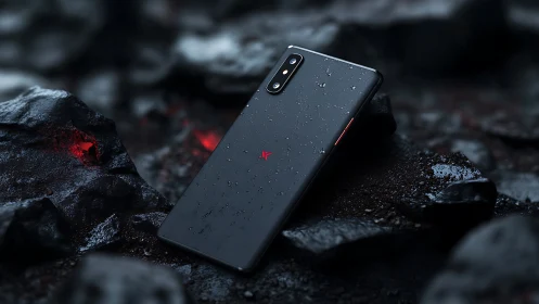 Hydrophobic black smartphone on volcanic basalt terrain render.
