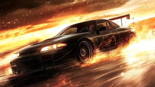 Dynamic digital painting of racing car in fiery motion blur.