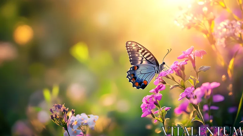 Butterfly rests on sunlit pink flowers at golden sunrise.