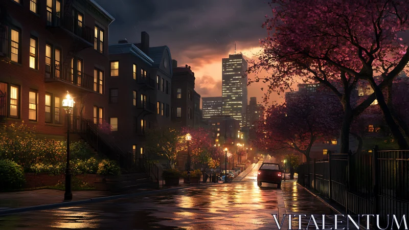 Rain-washed city street glows under a warm sunset sky.
