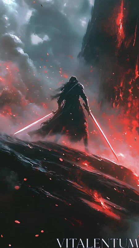 Lone warrior with twin blades in stormlit volcanic fire.