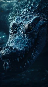 Predatory crocodile emerges from dark blue depths.