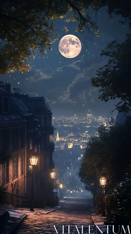 Moonlit European hill street overlooks glowing night city.