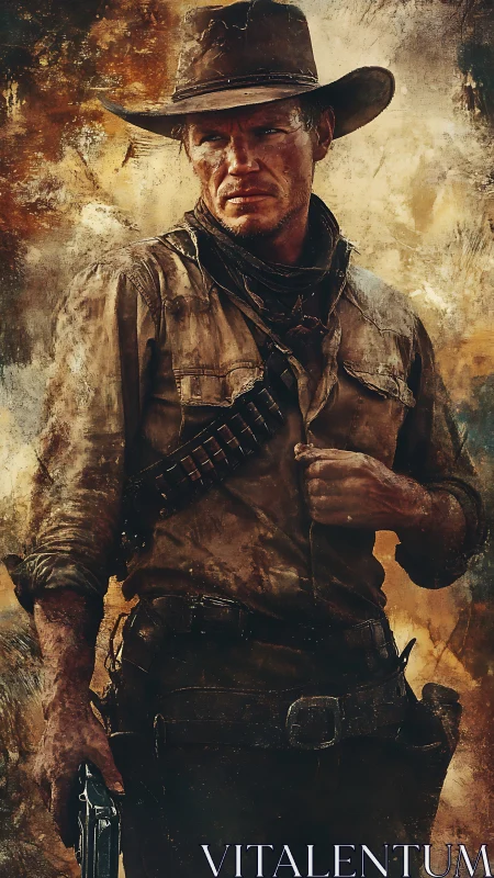 Weathered cowboy stands armed against a storm-stained sky