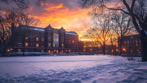 Winter campus quad at sunset with snowfield and warm window lighting