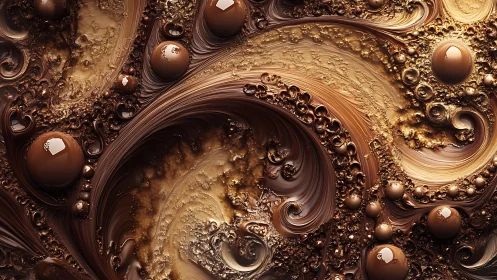 Swirling abstract chocolate fractal with glossy spheres.