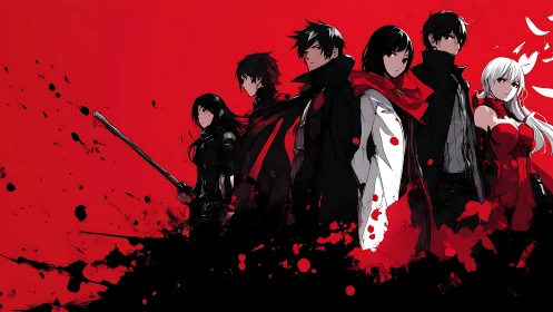 Stylized anime strike team in red black splatter field.