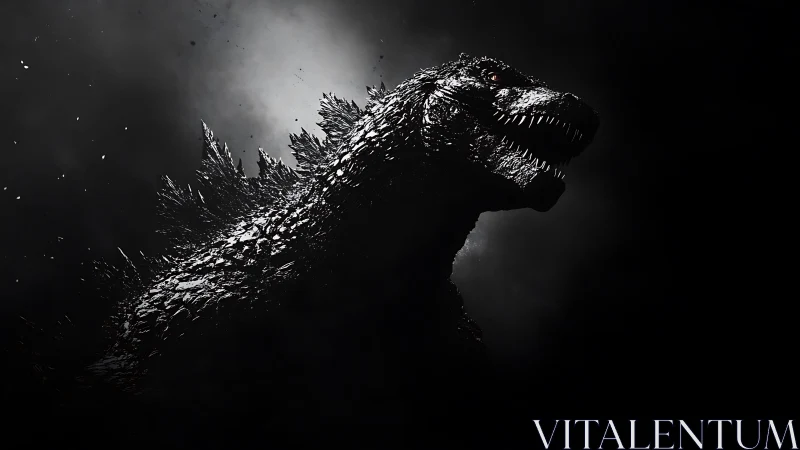 Monochrome kaiju profile in dramatic rim-lit silhouette.