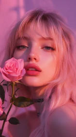 Pink haired woman holding rose in soft sunset light.