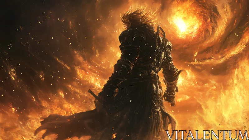 Digital painting of fiery armored warrior before vortex portal.