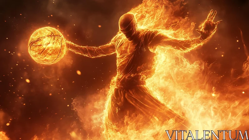 Digital painting of fiery basketball avatar in dynamic motion.