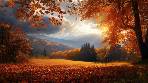 Golden autumn valley glows under dramatic mountain sunset sky