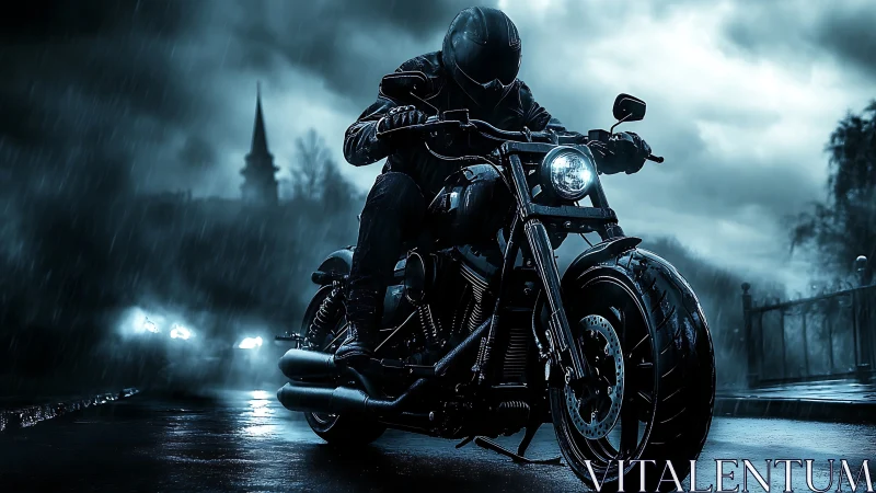 Motorcyclist accelerates through wet urban street in heavy rain