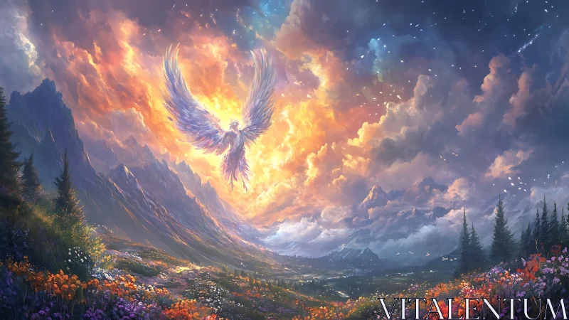 Winged celestial figure above vivid mountain valley.