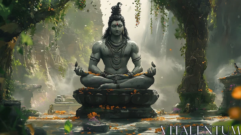 Meditative Shiva statue in lush jungle shrine with misty waterfalls