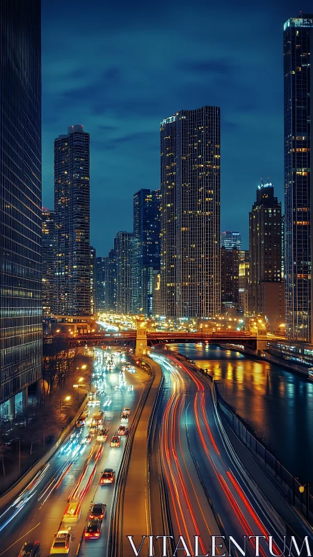Night city highway and river with dense illuminated skyline.