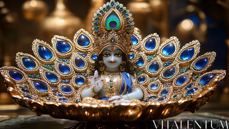 Jeweled Krishna idol with ornate blue peacock halo display.