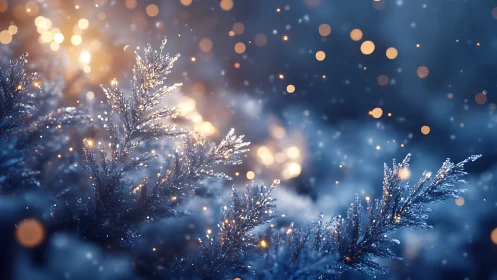 Snow covered evergreen branches glow against blurred winter lights