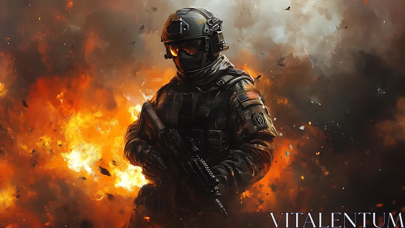 Armored special forces soldier stands amid raging battlefield fire