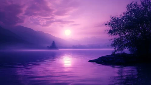 Purple toned lake sunset shows silhouetted trees and hills