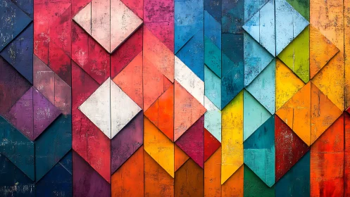 Geometric wooden panels form a multicolored abstract wall