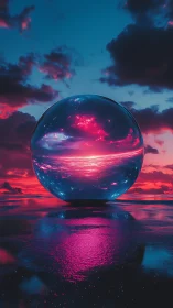 Luminescent crystal sphere reflects a surreal neon sunset