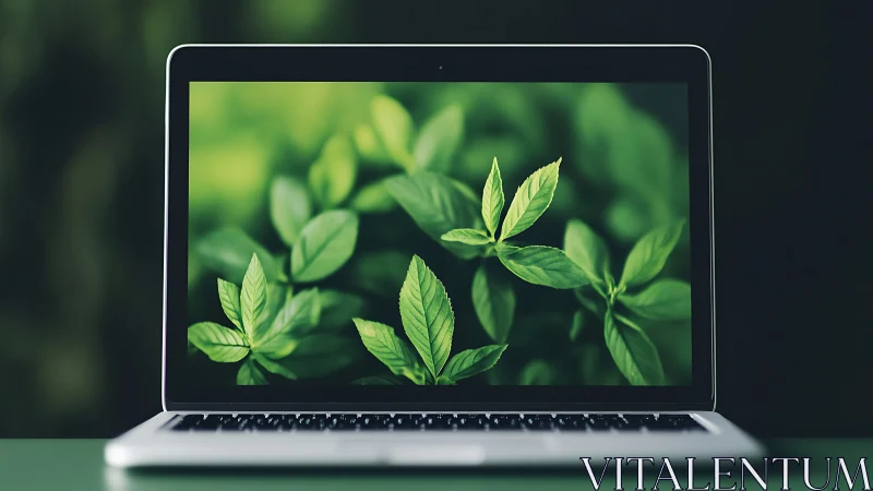 Laptop screen displays close-up foliage in shallow focus