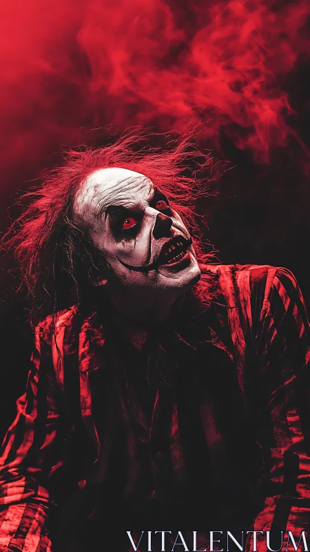 Clown figure stares upward under red smoke and harsh light