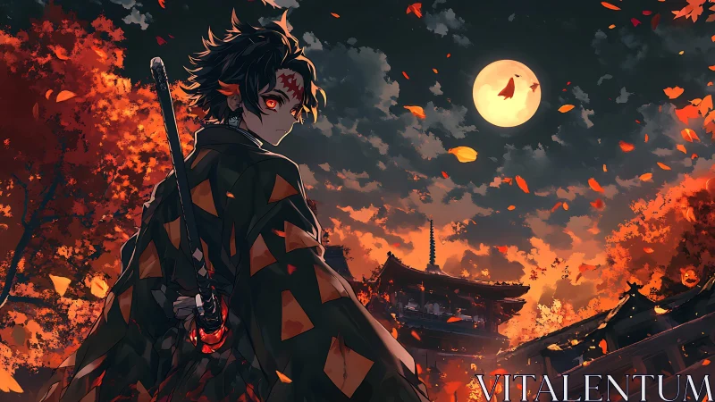 Sword-wielding anime warrior under full moon sky.