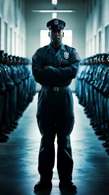 Confident police officer standing tall among uniformed ranks.