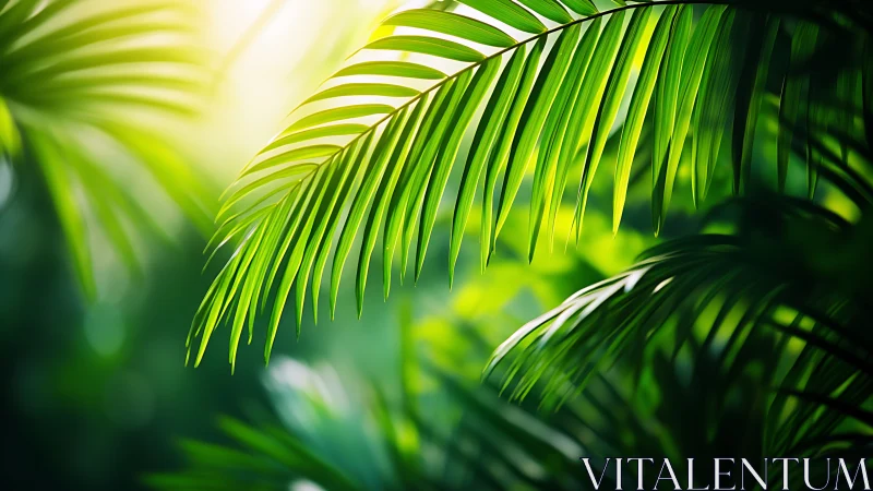 Backlit tropical palm fronds with shallow depth of field