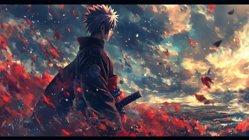 Sword-bearing anime sentinel in turbulent chromatic stormscape.