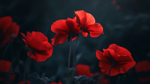 Red Poppies Against Dark Sky. Luminous Petals.