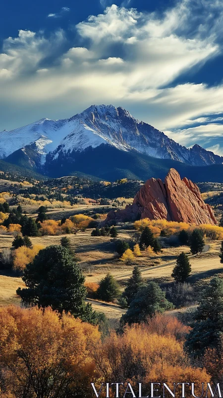Snowy mountain above autumn valley and red rock cliffs.