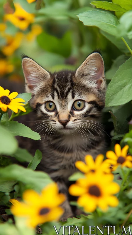 Tabby Kitten with Bicolor Eyes in Natural Garden Setting