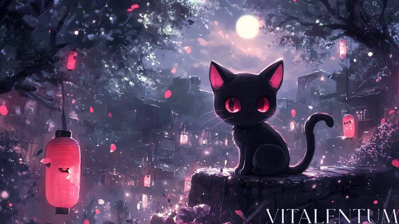 Moonlit black cat studies lantern-lit sakura village terrace