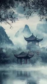 Misty lakeside pagodas rise among ethereal karst peaks.