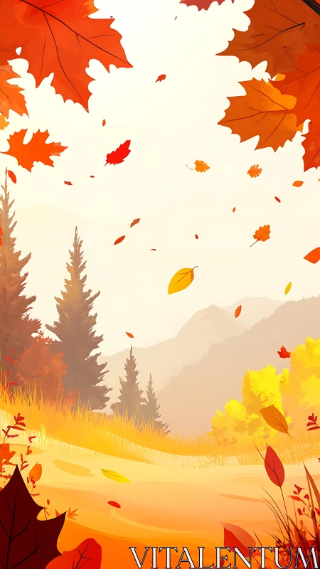Illustrated hillside landscape shows falling autumn leaves