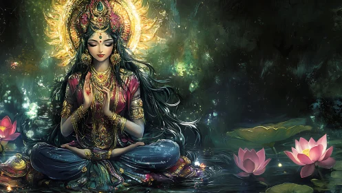 Divine goddess in lotus meditation amid glowing forest pond.