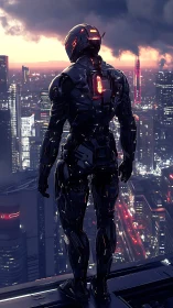 Cybernetic sentinel surveys neon city at stormlit dusk