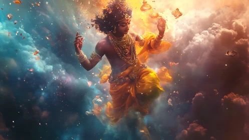 Mythic figure suspended in colored cloudlike atmosphere.