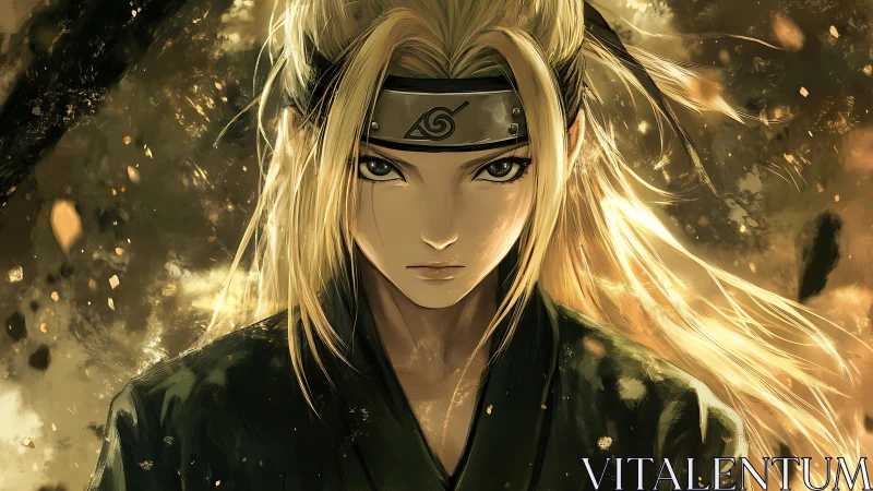 Golden haired ninja stands in ember storm of quiet fury.