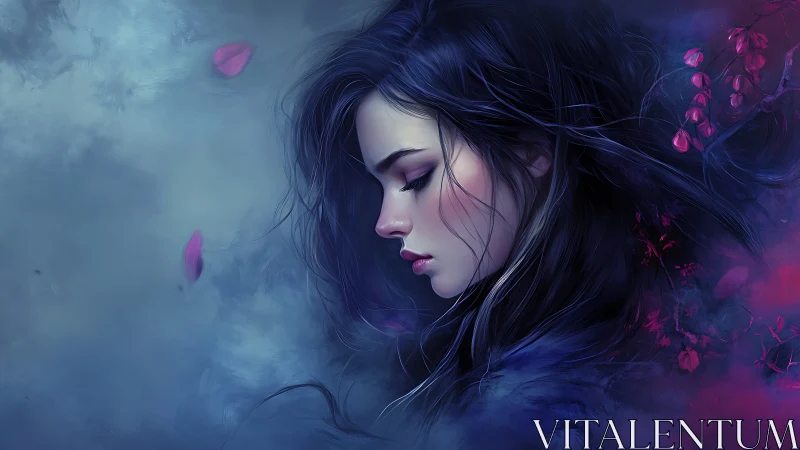 Soft midnight reverie with falling petals and quiet dreams.