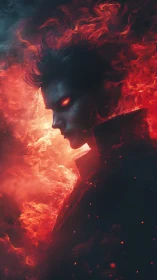 Fiery humanoid profile glows with red embers and smoke