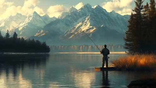 Solitary angler greeting dawn beneath ember-tipped peaks.