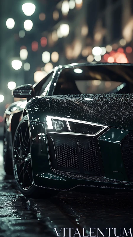 Midnight sports car glows softly under rainy city lights