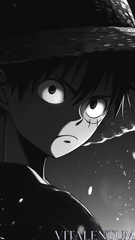 Intense anime boy turns in stark monochrome lighting