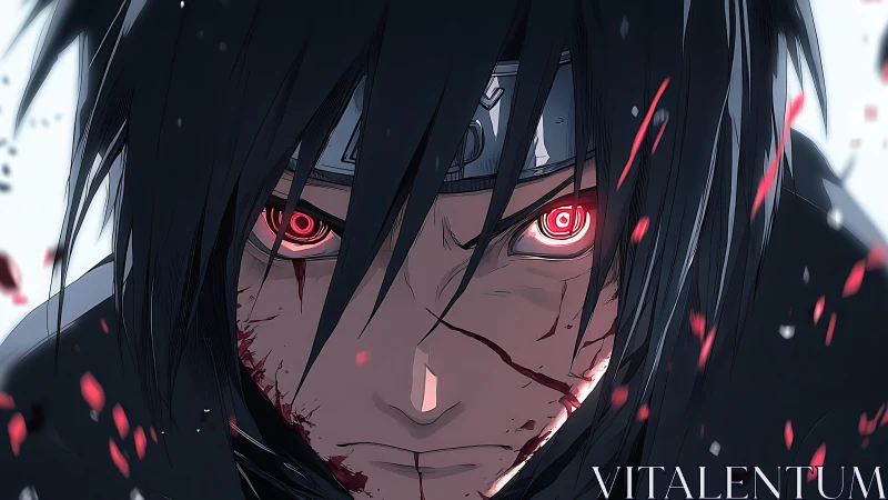 Intense anime close-up with dynamic blood and motion accents.
