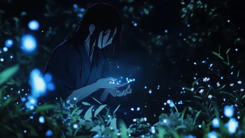 Solitary figure holding glowing lights in a moonlit garden.